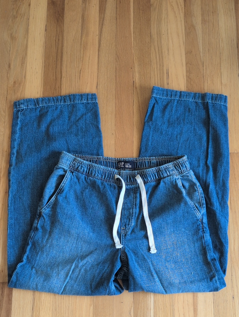 GAP Women's Wide Leg Denim Pants in Medium Blue with White Drawstring
